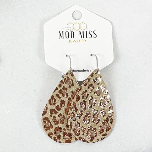 Mod Miss Jewelry - Leather Teardrop Earring "Leopard Rose Gold on Beige" - New With Tags